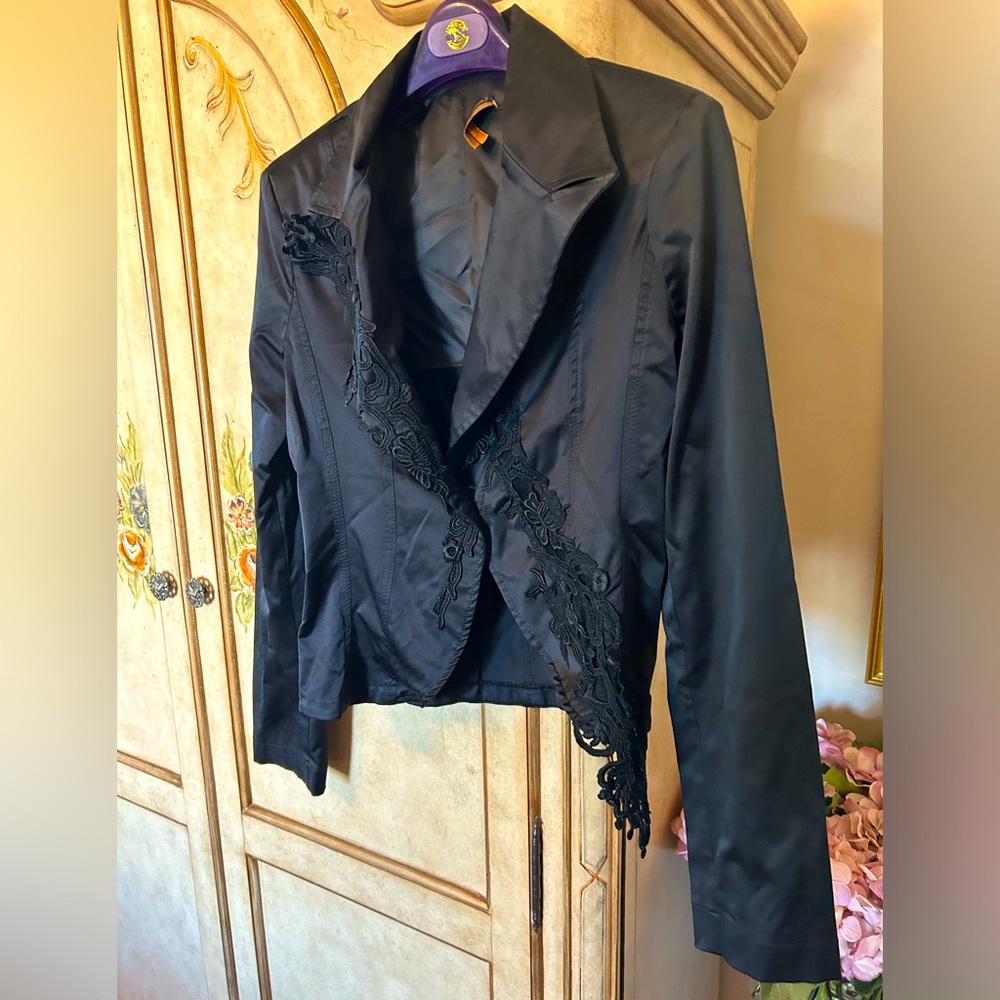 Black satin appliqué jacket made in Italy